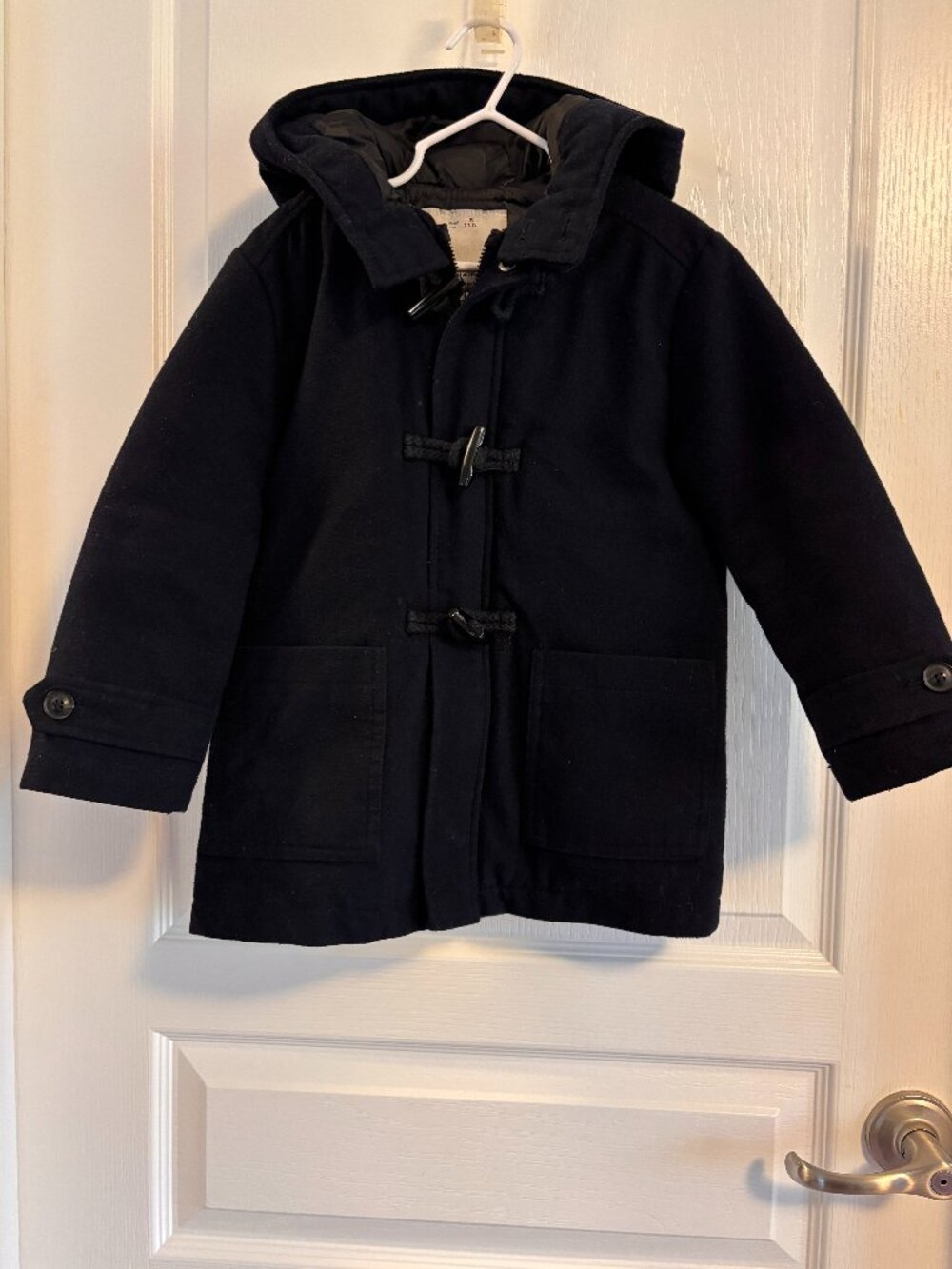 Zara Boys Wool Blend Duffle Coat Size 5 Navy Hooded Toggle Winter Jacket 110cm